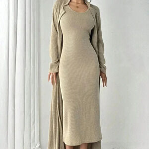 Khaki Casual Women's Plush Long Skirt & Cardigan Two-Piece Set